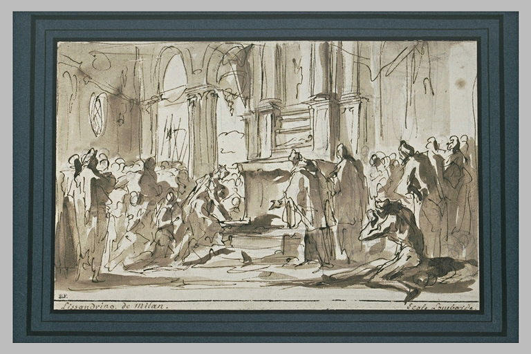 Une reine en prières au pied d'un autel