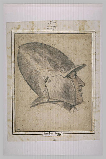 Tête d'homme, coiffée d'un casque, vue de profil