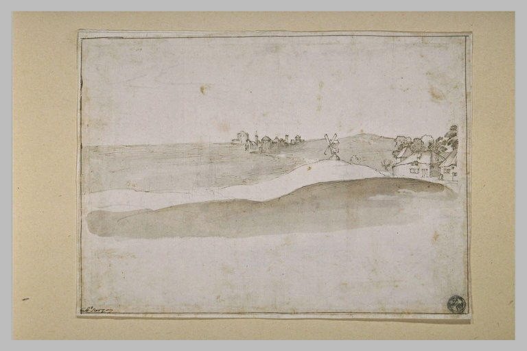 Dans une vaste plaine, deux bourgades et un moulin