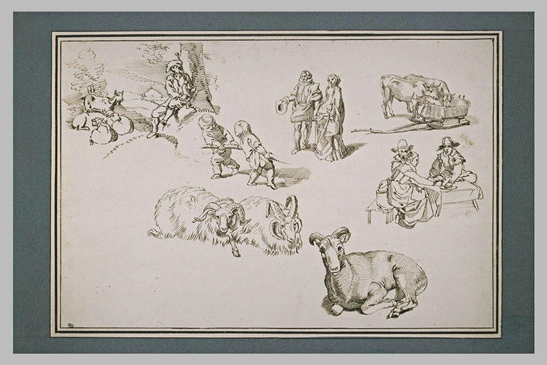 Etudes de béliers, de vaches, et de personnages