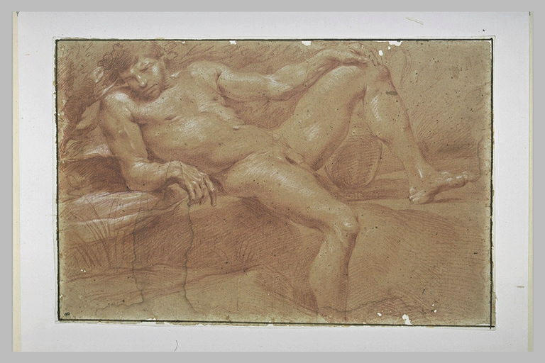 Homme nu, à demi allongé sur des rochers