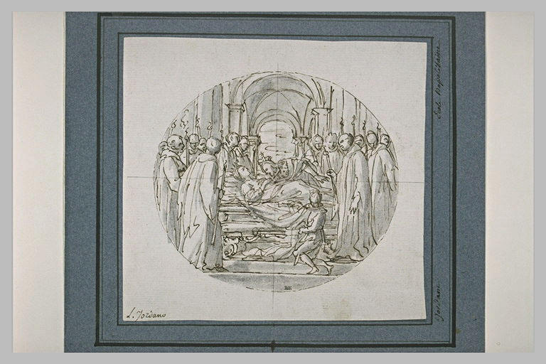 Une Reine sur un lit funèbre entourée de nombreuses figures