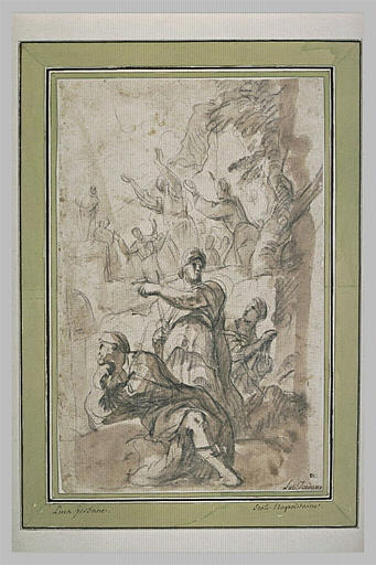 Trois figures regardant une foule de gens adorant une idole sur un autel