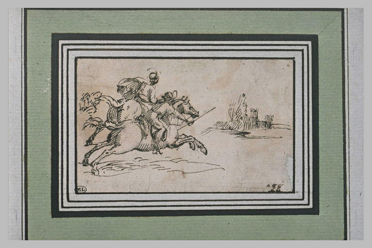 Deux cavaliers chevauchant vers une ville