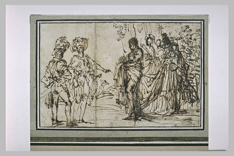 Cinq figures allant à la rencontre de deux guerriers