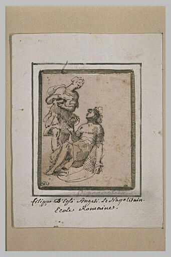 Deux femmes, dont l'une, casquée, est assise à terre