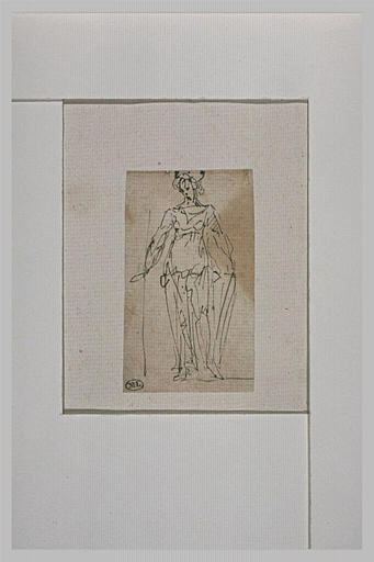 Femme tenant une lance et un bouclier, debout, drapée