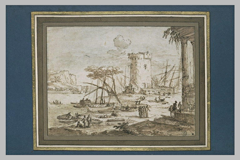 Barques de pêche sur la grève, près d'un port avec une tour fortifiée