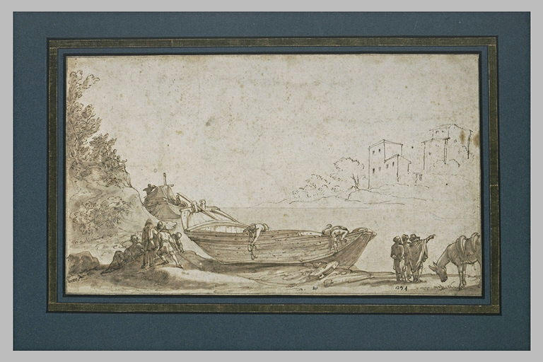 Hommes réparant une barque, au bord d'une rivière