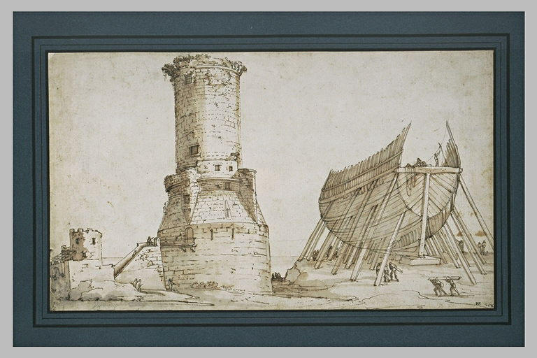 Vaisseau en construction, près d'une tour circulaire