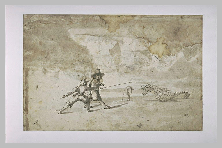 Deux personnages semblant affronter deux hippocampes