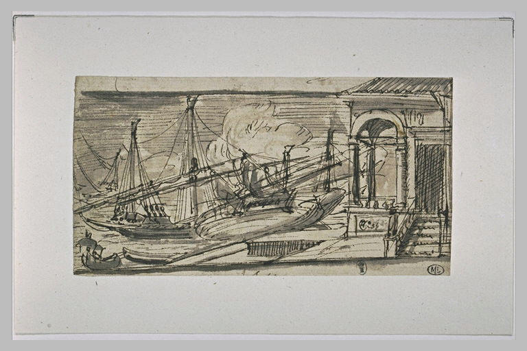 Vaisseau échoué sur un port, près d'un palais