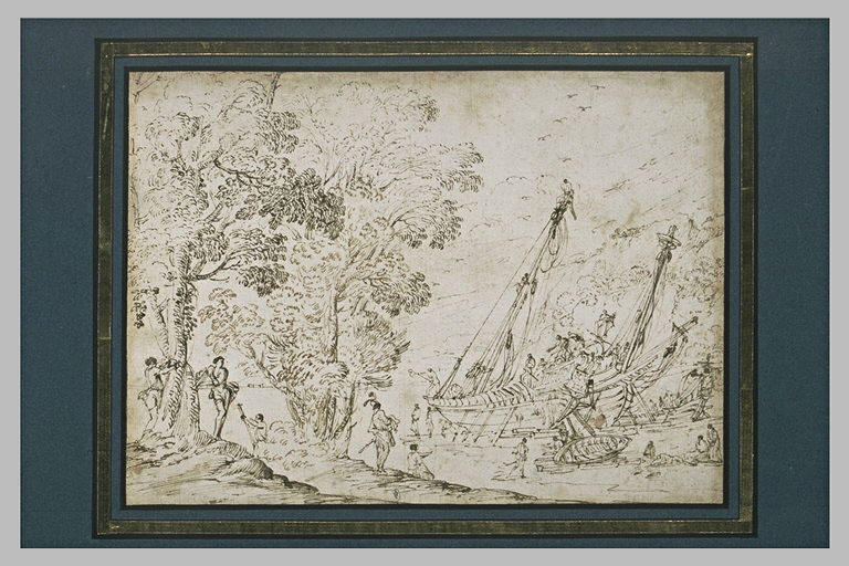 Deux navires en réparation sur une berge boisée