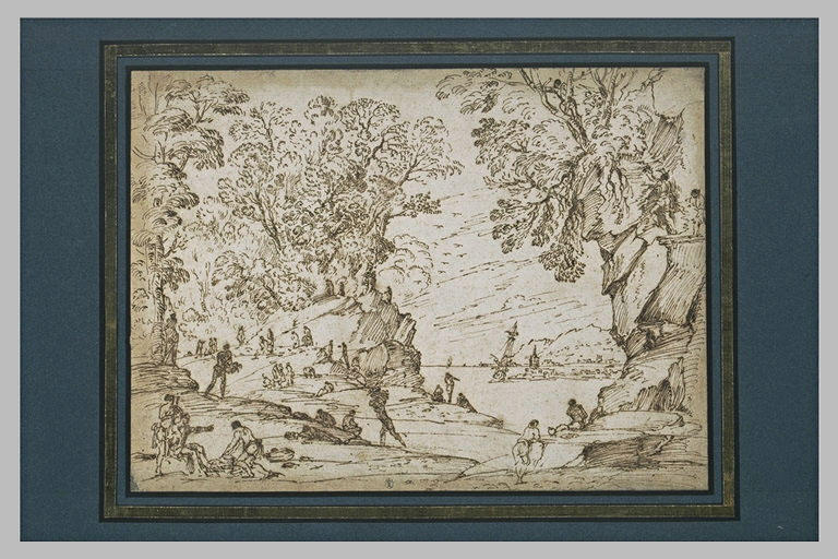 Nombreux personnages dans un paysage rocheux et boisé, en bord de mer