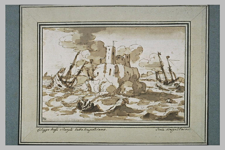 Naufrage d'un navire, avec des rescapés, près d'un fort dressé sur un rocher