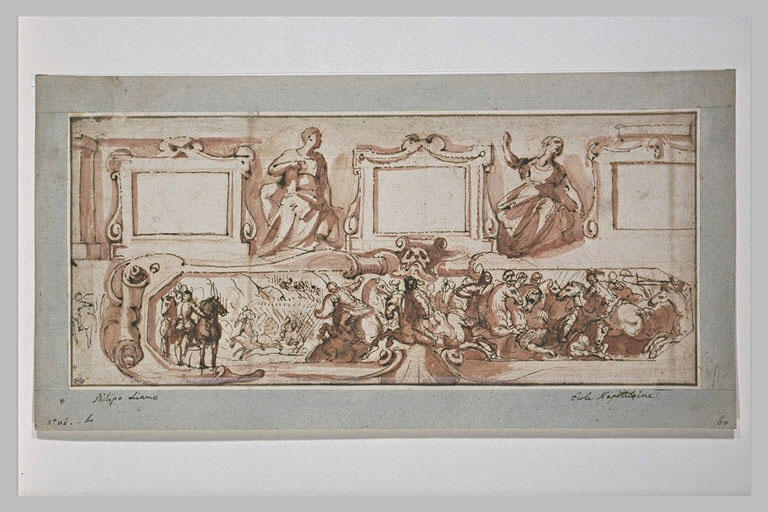 Frise représentant un combat de cavalerie, dans un encadrement architectural