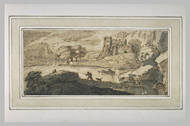 Chasseur au bord d'un lac dominé par une forteresse