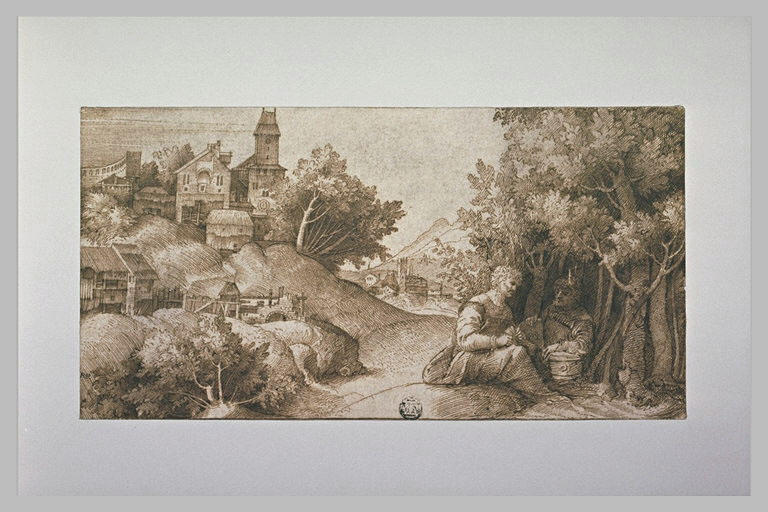 Paysage avec deux hommes assis près d'un taillis