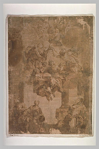 La Vierge à l'Enfant, un saint enlevé au ciel par deux anges, trois saints