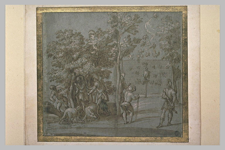 Une chasse à l'oiseau et six hommes et des pourceaux sous des chênes