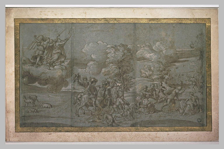 Deux anges ; chasse au faucon ; groupe de figures et chasse à l'oiseau