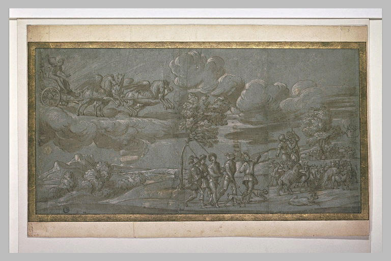 Char du soleil et Apollon ; départ pour la chasse ; bergers et troupeau