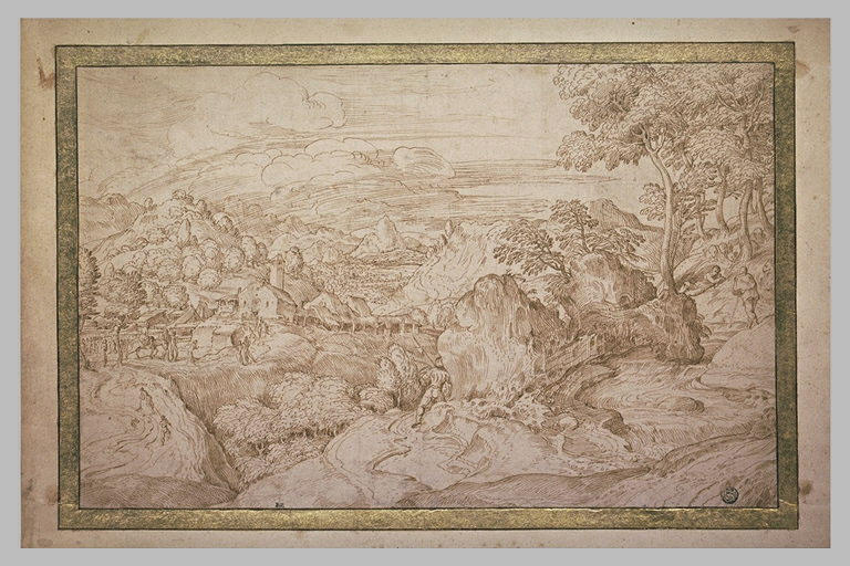 Paysage avec un village entouré de collines boisées et de montagnes