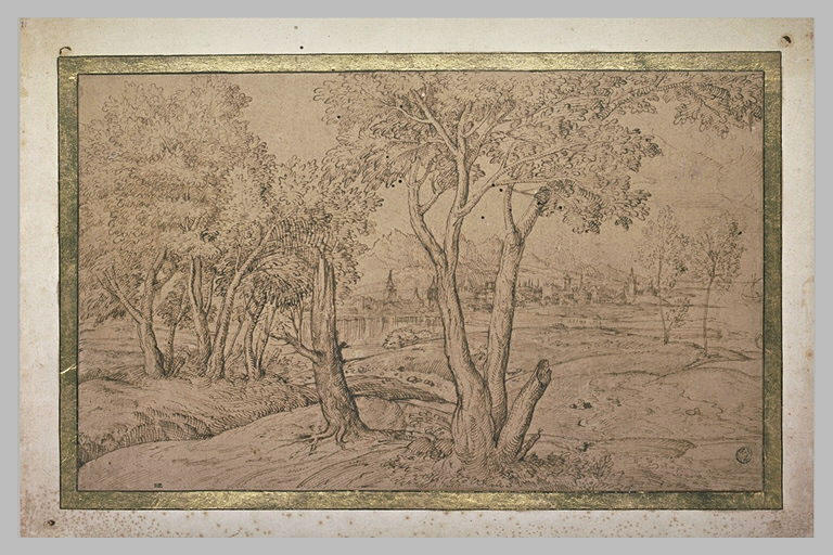 Paysage avec une ville au bord d'une riviere, bordée de quelques arbres