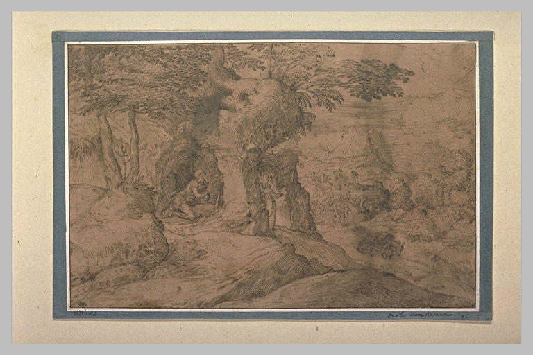 Paysage avec saint Jérôme à genoux à l'entrée d'une grotte