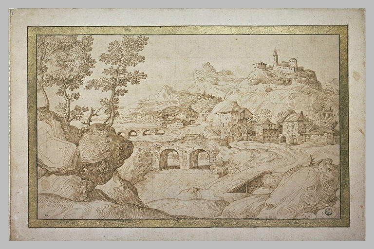 Paysage avec deux ponts, deux villages et une montagne