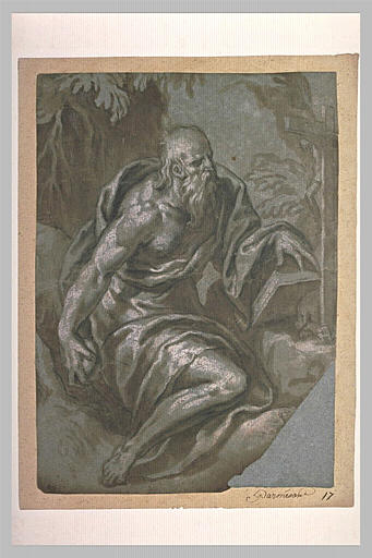 Saint Jérôme assis devant un livre et un crucifix et tenant une pierre