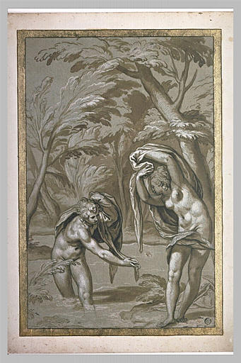 Hermaphrodite nu, dans le lac, devant la nymphe Salmacis