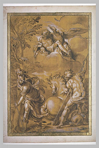 Athéna plante un olivier, Poseidon fait jaillir un lac salé devant Zeus