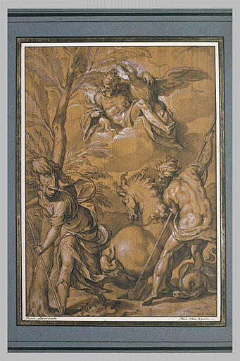 Athéna plante un olivier, Poseidon fait jaillir un lac salé devant Zeus