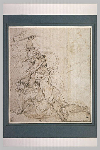 Un guerrier terrassant un homme, et s'apprêtant à le tuer