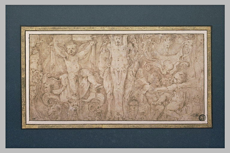 Frise composée de termes, de génies, de têtes d'animaux, d'ornements divers