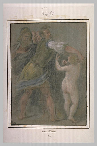 Un homme tenant un enfant nu, debout, et trois autres figures