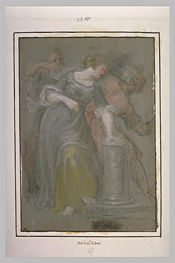 Une jeune femme appuyé sur une demi colonne et deux hommes