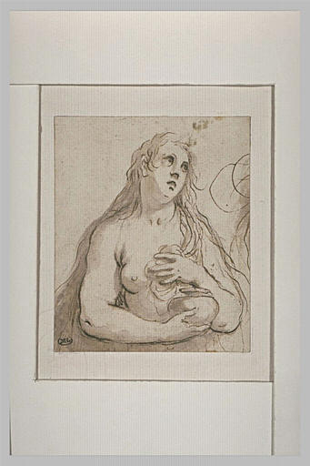 Madeleine nue, en buste, tenant un vase, la main gauche sur la poitrine