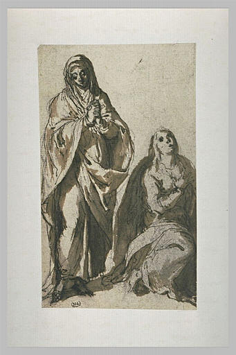 Deux femmes, l'une à genoux, l'autre debout en prière