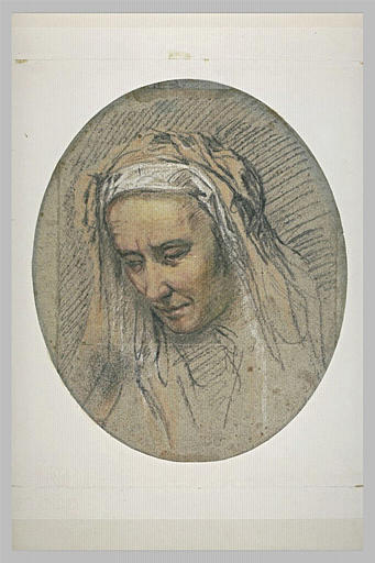 Tête de vieille femme tournée vers la gauche, regardant à terre