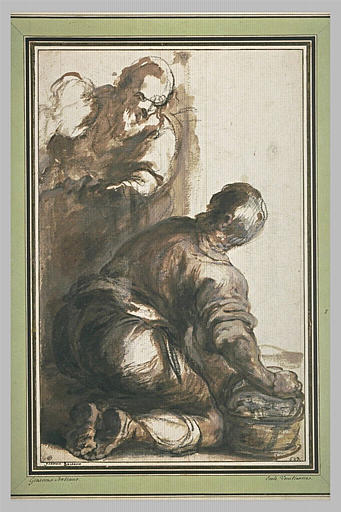 Homme accroupi sur un vase se retournant vers un vieillard et tête de femme