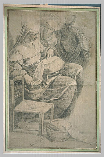 Femme assise, cousant, avec deux autres personnages