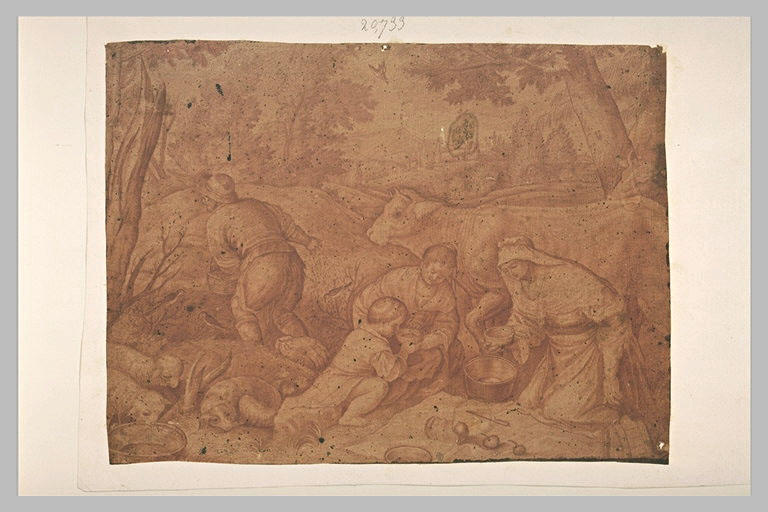 Allégorie : homme semant du grain, deux femmes donnant à boire à un enfant