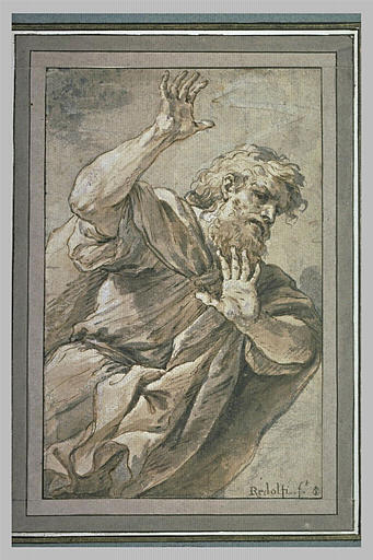 Homme vu à mi-corps, tourné vers la droite, penché, le bras levé