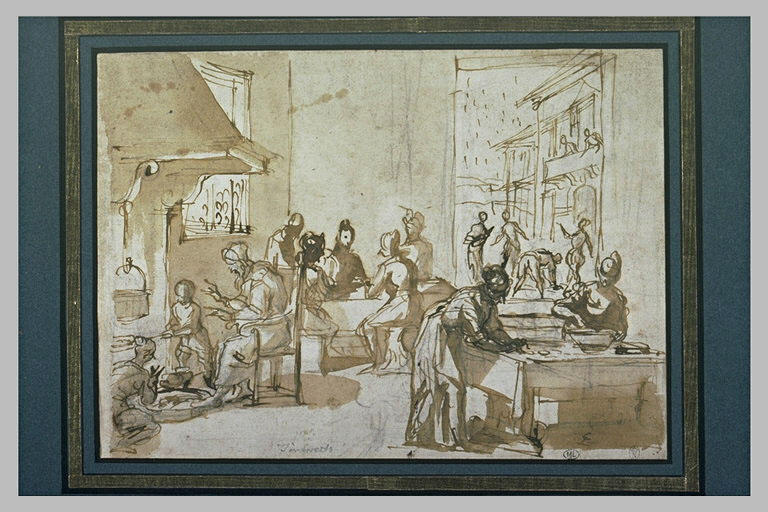 Intérieur d'auberge avec des figures autour des tables et devant la cheminée