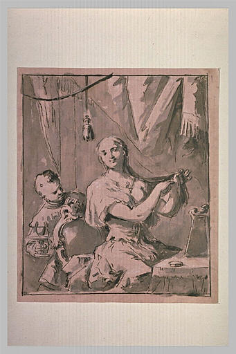 Jeune femme peignant ses cheveux et domestique apportant un verre d'eau