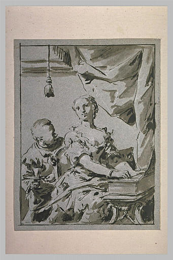 Femme jouant du clavecin et domestique apportant un verre d'eau