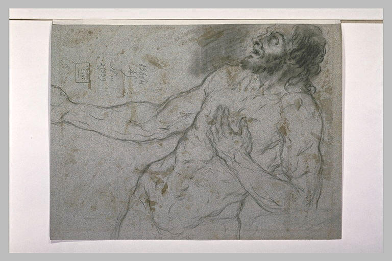 Homme nu, la main gauche sur la poitrine, regardant vers le haut