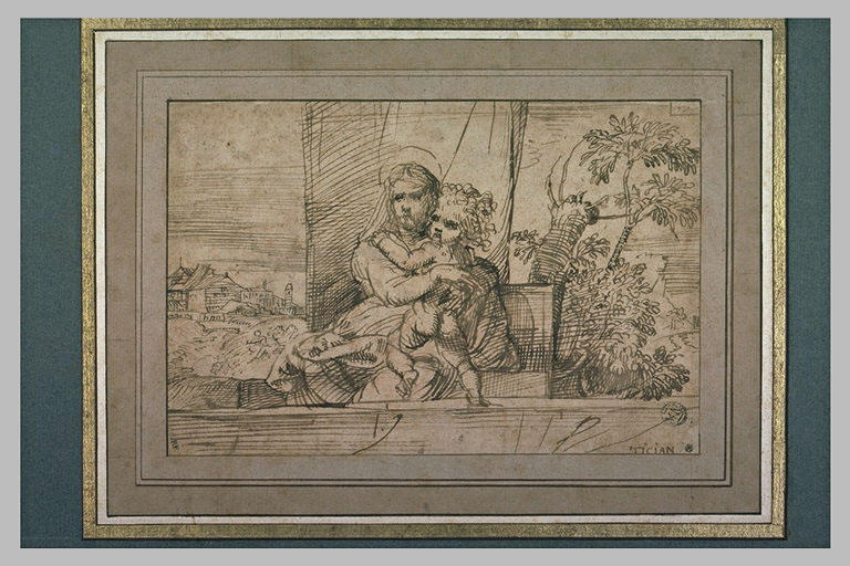 Vierge à l'Enfant, derrière une balustrade